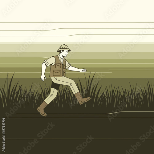 Adventurous Explorer Trekking Through Lush Green Savannah Landscape