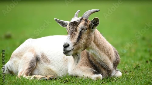 A peaceful domestic goat with horns resting on a lush green meadow.