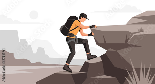 Adventurous Hiker Ascending Rocky Terrain