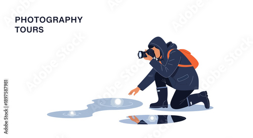 Adventurous Photographer Capturing Reflections In Puddles On A Photo Expedition