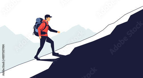 Adventurous Hiker Ascending Steep Mountain Trail Towards Summit Peak