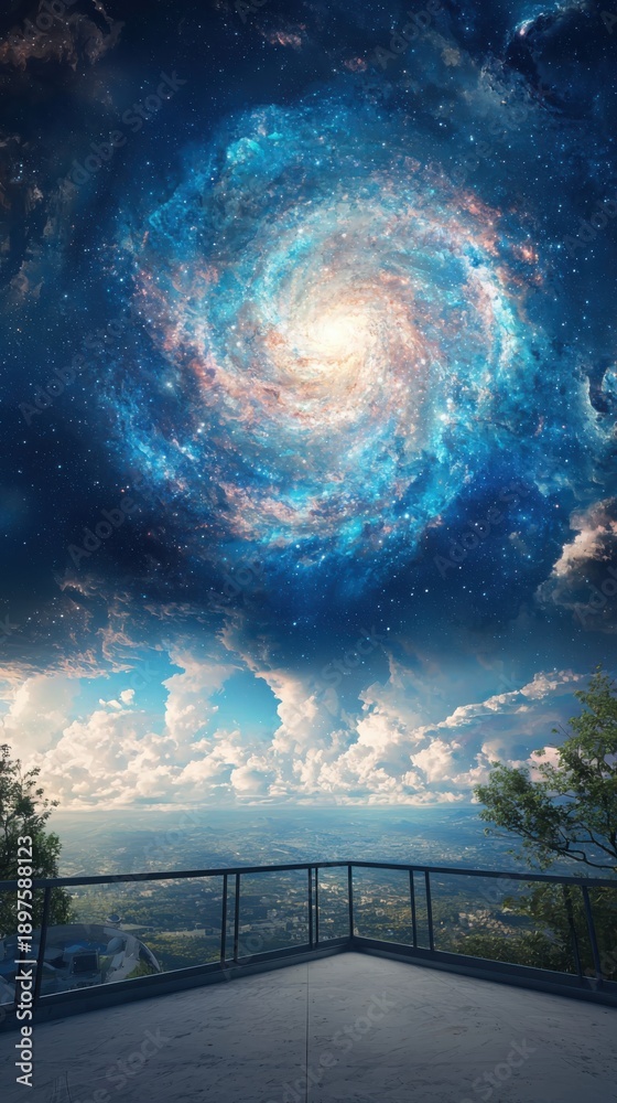 Fototapeta premium Panoramic View from Balcony Overlooking a Cityscape with a Swirling Galaxy in the Night Sky