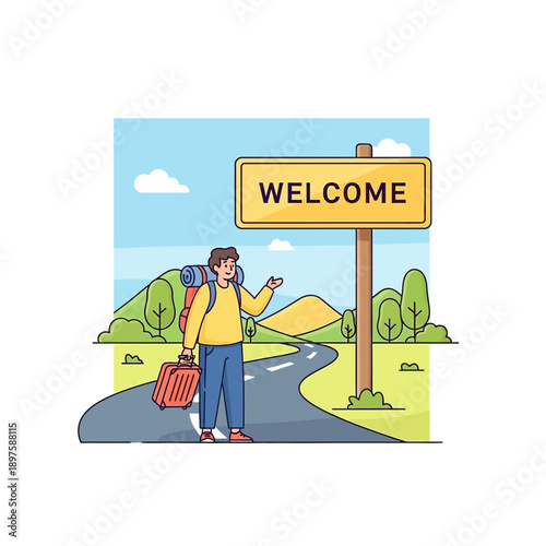 Adventurous Traveler Arrives At Welcoming Destination Sign In Scenic Landscape