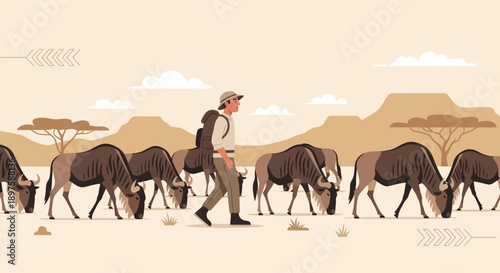 Adventurous Traveler Among Grazing Wildebeest Herd Safari Scene