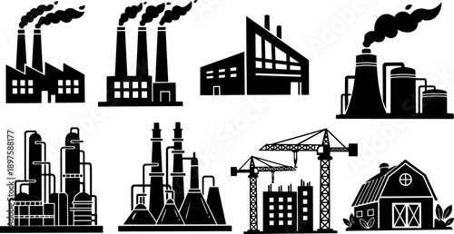 Black silhouette factory and industrial building icons set with chimneys smoke and construction cranes in vector style