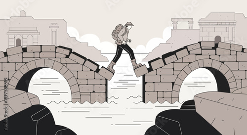 Adventurous Trekker Navigates Broken Ancient Bridge Over Water