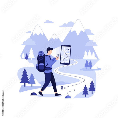 Adventurous Trekker Navigating Mountain Trail With Digital Map