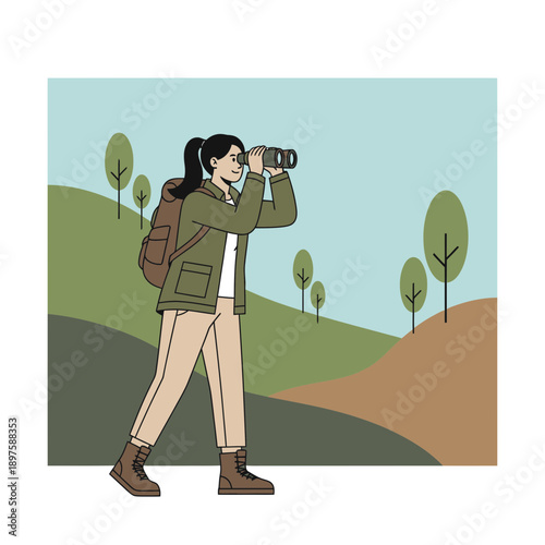 Adventurous Woman Explores Nature With Binoculars Amidst Rolling Hills