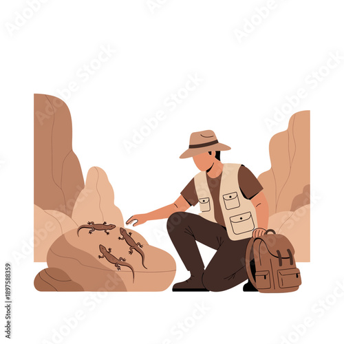 Adventurous Zoologist Observing Small Lizards In A Desert Environment
