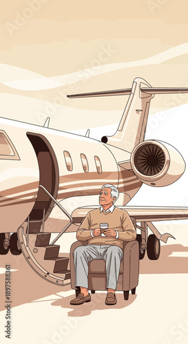 Affluent Gentleman Enjoys Coffee Beside Private Jet Lounge