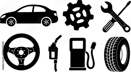Black silhouette car mechanic icons set including car tire steering wheel fuel pump gear and wrench tools vector design