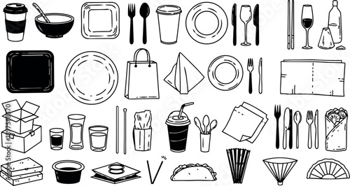 Hand drawn black and white vector collection of various dining utensils plates glasses chopsticks and takeout containers with napkins and cutlery set