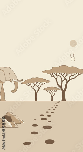 African Savanna Landscape With Elephant And Acacia Trees Safari Journey