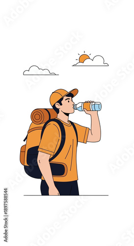 Adventurous Hiker Quenches Thirst Under Sunny Skies with Refreshing Drink