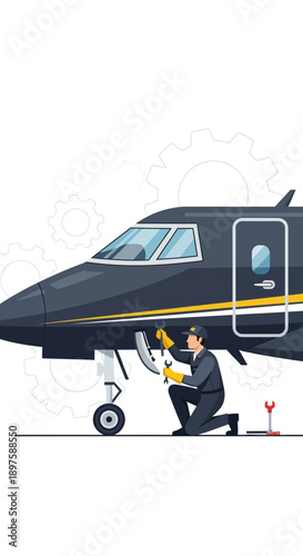 Aircraft Mechanic Inspecting Private Jet Engine Maintenance Detailed Precision Work