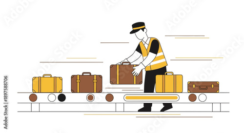 Airport Baggage Handling Worker Sorting Luggage On Conveyor Belt