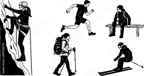 Black and white line art of female rock climber ascending steep cliff and male hiker trekking with poles walking outdoors