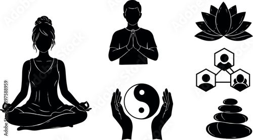 Silhouette woman meditating cross legged with man in prayer pose and zen lotus yin yang stones icons in black