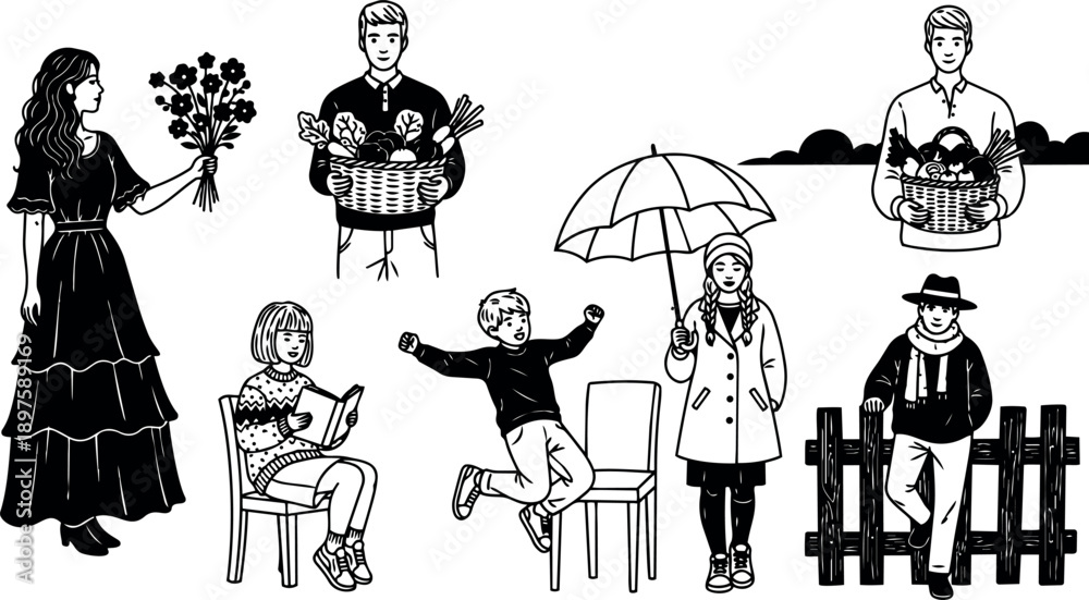 Obraz premium Black and white vector art of diverse people holding baskets and flowers with child jumping and girl reading sitting on chair isolated on white background