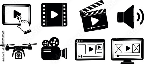 Black and white flat design video player icons including hand tapping screen drone camera and media controls