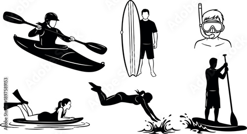 Black and white silhouette vector art set of people kayaking surfing paddleboarding diving and snorkeling with equipment and water splashes