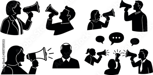 Black and white vector art of business people holding megaphones shouting and communicating with speech bubbles in flat silhouette style
