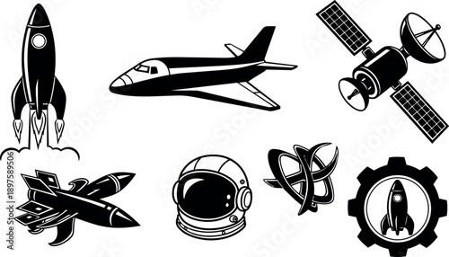 Black and white vector icons of rocket launch, spaceship, satellite, astronaut helmet, space atom and gear symbol in flat design style detailed
