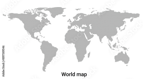 Black dotted world map on a with continents and countries