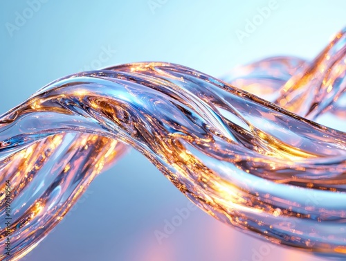 Abstract swirling liquid glass with embedded golden particles and light reflections, creating a dynamic and fluid motion effect against a soft blue and pink gradient background.