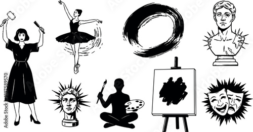 Black and white ink brush circle art, woman sculptor holding hammer and chisel, ballerina dancing en pointe, classical bust sculptures and theatrical masks vector set