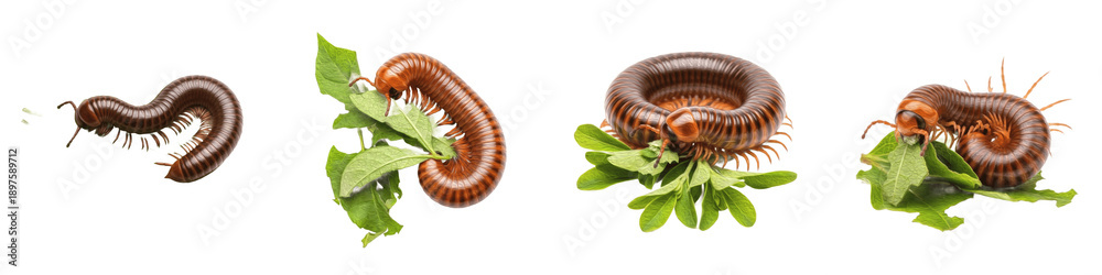 Ταπετσαρία Set and Collection of Giant Brown Millipede Crawling and Eating Green Leaves, Ex