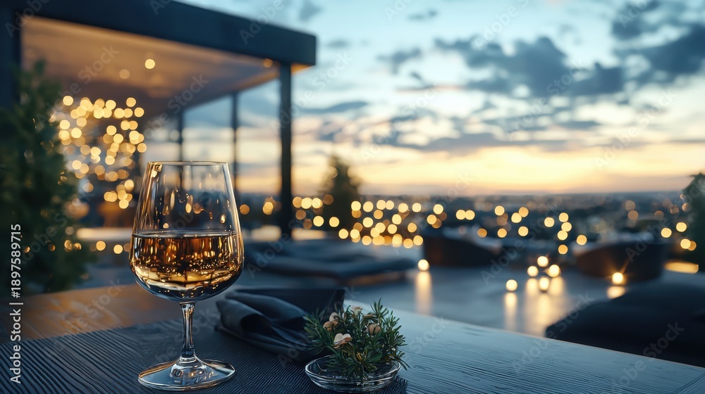 Fototapeta premium Elegant Wine Glass on Table at Rooftop Bar at Dusk, Cityscape Bokeh Lights, Cozy Evening Ambiance, Relaxation, Celebration, Sophistication, Urban Lifestyle, Soft Lighting