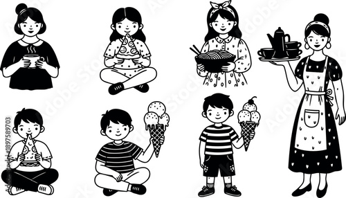 Black and white flat design children eating pizza and ice cream and woman serving coffee with teapot tray