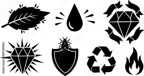 Black vector icons collection with leaf water drop diamond insect shield recycle and fire symbols in minimalist style
