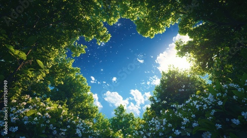 View of Starry Sky Through Lush Green Tree Canopy, White Flowers, Blue Sky with Clouds, Sunlight Rays, Nature's Embrace, Forest Scene, Celestial Beauty, Organic Frame