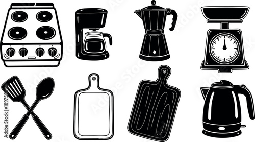 Black and white silhouette kitchen appliances and utensils set with stove coffee maker kettle scale and cutting boards vector art