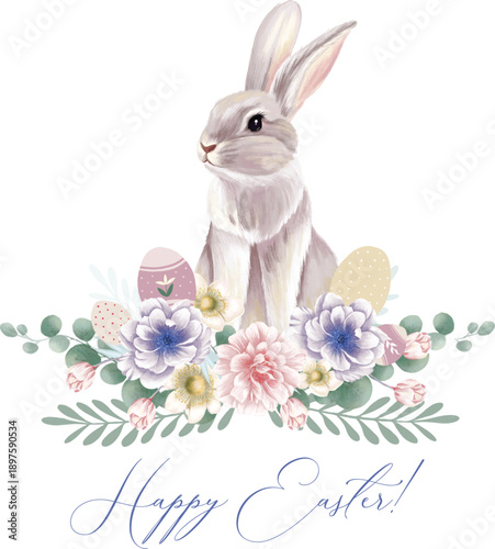 Happy easter! Vector hand drawn gouache illustrations of bunny, easter eggs, chick, frame and pattern for background, greeting card or poster