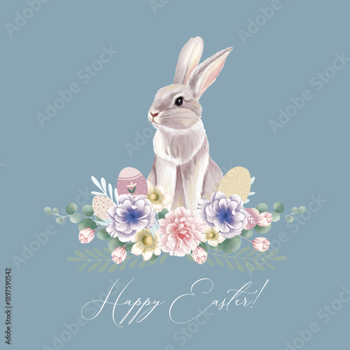 Happy easter! Vector hand drawn gouache illustrations of bunny, easter eggs, chick, frame and pattern for background, greeting card or poster