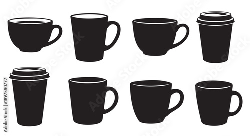 Set of eight different coffee cup styles isolated on transparent background