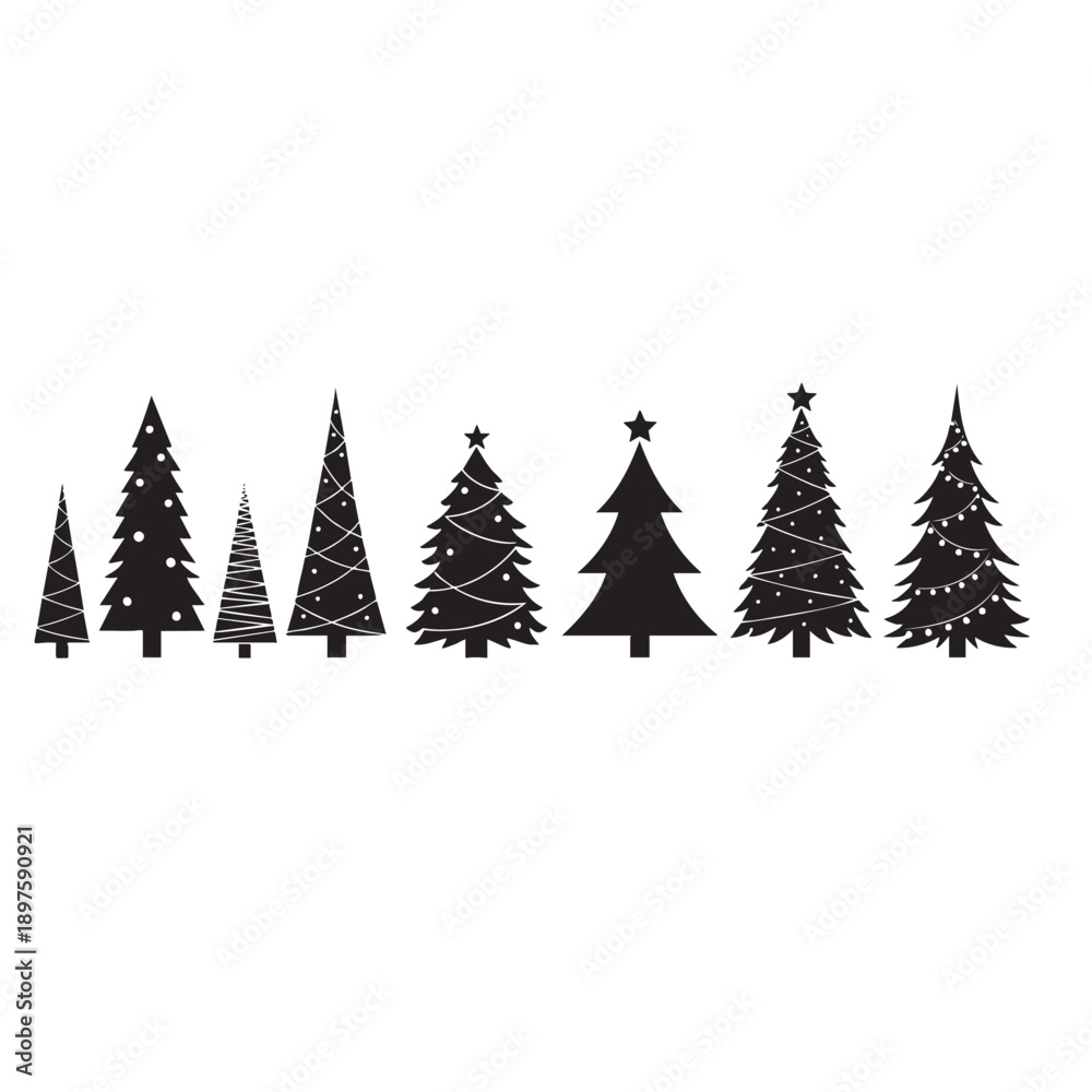Obraz premium Set of six hand drawn Christmas trees with festive decorations isolated