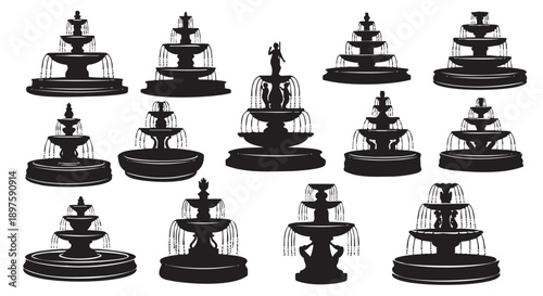 Set of sixteen decorative tiered fountain silhouettes isolated on transparent