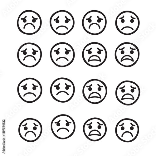 Set of sixteen hand drawn sad and unhappy emoji faces expressions