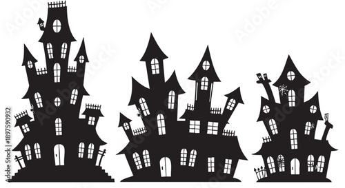 Set of spooky haunted house illustrations with gothic architecture details