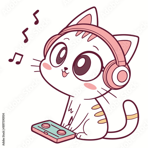 None Cute cartoon cat wearing headphones listening to music on mp3 player isolated on transparent background
