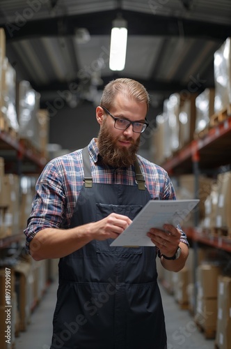 Warehouse Worker Checks Inventory List in Storage Area During Work Hours