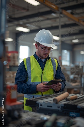 Worker Checks Tablet in Factory During Day