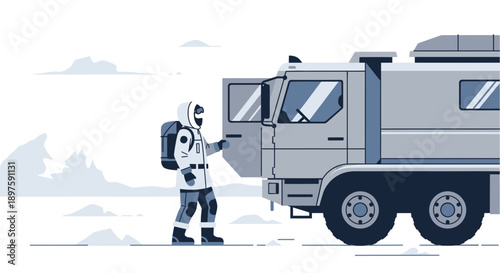 Arctic Expedition Vehicle And Explorer Preparing For Journey