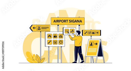Airport Navigation System Person Interacting with Information Boards