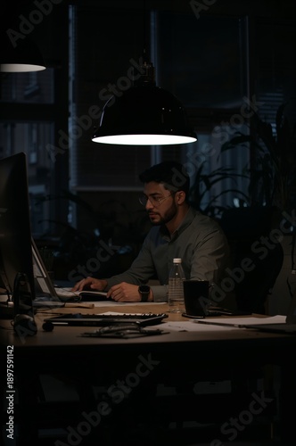 Man Working Late in an Office With Dim Lighting and a Computer Screen Glowing