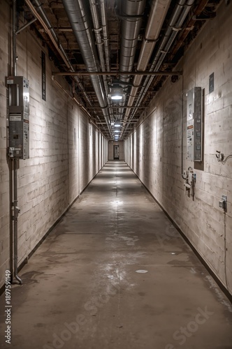 Long Hallway With Lights and Pipes in a Building at Night